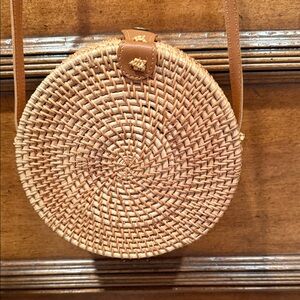 Round Woven Tan Crossbody Bag
